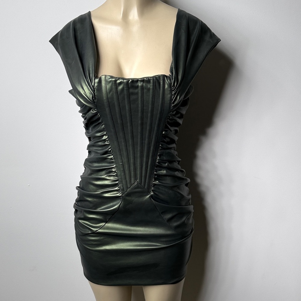 AKIRA Shimmering Dark Green Faux-Leather Ruched Mini Dress - Picture 3 of 9